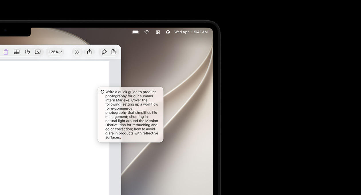 Top left corner of iPad, screen displays open Pages document, prompt for Write with Siri to draft copy