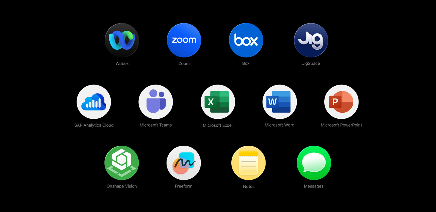 Verschiedene App Symbole in einer verstreuten Anordnung, darunter Webex, Zoom, Box, JigSpace, SAP Analytics Cloud, Microsoft Teams, Microsoft Excel, Microsoft Word, Microsoft PowerPoint, Onshape Vision, Freeform, Notizen und Nachrichten