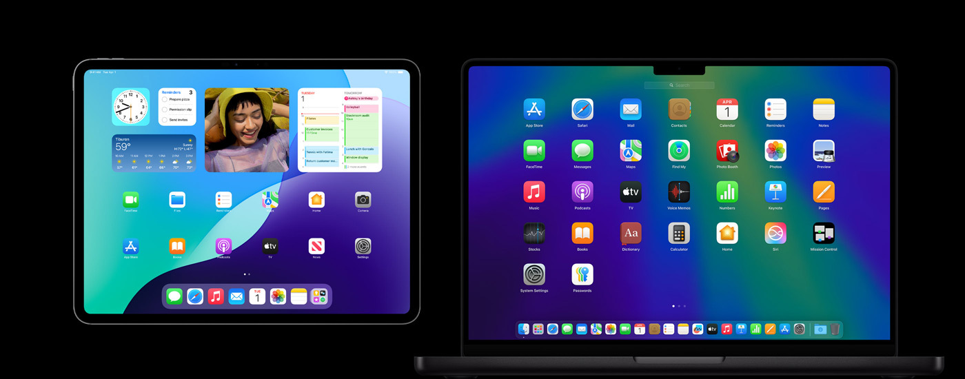 An iPad and a Mac displaying various app icons. The iPad shows several widgets, including Calendar, Weather and Photos.