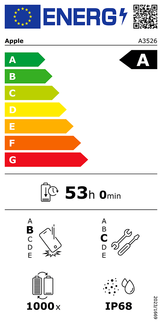 QR-kod för energimärkning och information (EU), Apple-modell A3526, klass A, klasser för energieffektivitet (skala från A till G), A (mest effektiv) till G (minst effektiv), batteritid per laddningscykel, 53 timmar och 0 minuter vid full laddning, tillförlitlighet vid upprepat fritt fall: klass B, A (mest robust) till E (minst robust), reparerbarhet: klass C, A (mest reparerbar) till E (minst reparerbar), batteriets livslängd i antal cykler: 1000, IP68-klassad damm- och vattentålighet, förordning 2023/1669.