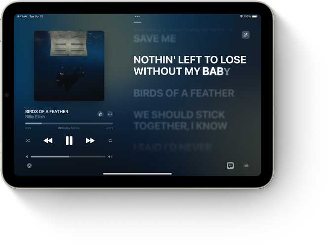 iPad mini u pejzažnom prikazu sa Stihovima u aplikaciji Glazba.