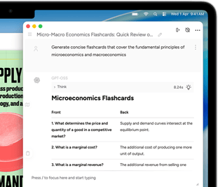 شاشة MacBook Air تعرض أدوات الكتابة في Apple Intelligence وهي تنشئ بطاقات تعليمية عن الاقتصاد الجزئي والاقتصاد الكلي