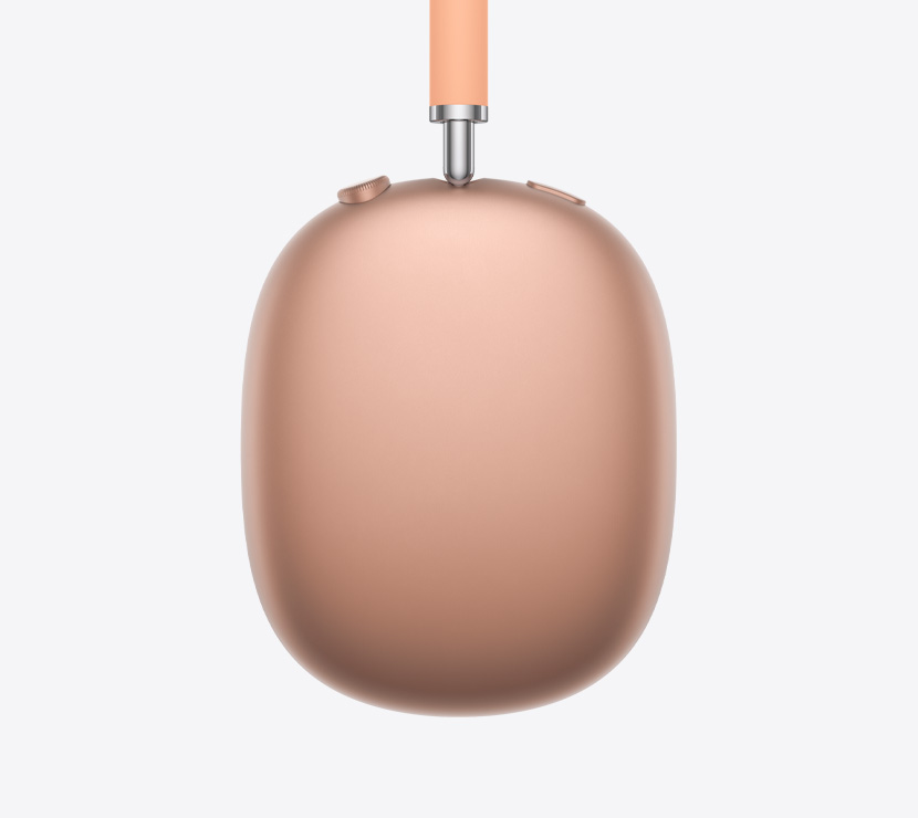 AirPods Max 2 headphones, side exterior, orange color, detail of telescoping arm, ear cushion, Digital Crown and noise control button