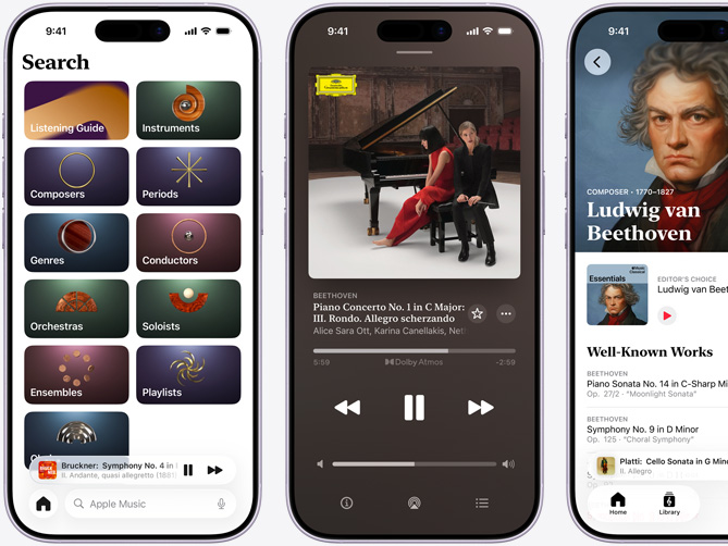A bal oldalon lévő iPhone-on az Apple Music Classical Böngészés füle látható, melyen a Katalógus fül van kiválasztva a Zeneszerzők, Korszakok, Műfajok, Karmesterek, Zenekarok, Szólisták, Együttesek és Kórusok kategóriákkal; a középen lévő iPhone-on Beethoven No. 1. C-dúr zongoraversenyének opus 15: III. rondója jelenik meg. Az Allegro scherzando lejátszása történik Dolby Atmosban; a jobb oldali iPhone-on Ludwig van Beethoven zeneszerzői oldala jelenik meg