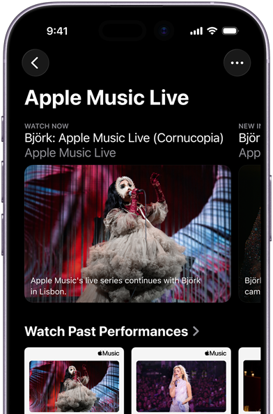 iPhone 上的 Apple Music Live 畫面，顯示「立即觀看」及過往演出