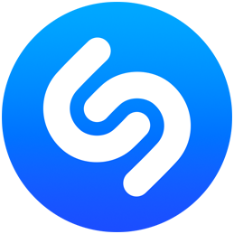 شعار تطبيق Shazam في تصميم دائري باللونين الأزرق والأبيض مع دائرتين متحدتي المركز تمتدان نحو الخارج انطلاقاً من الشعار
