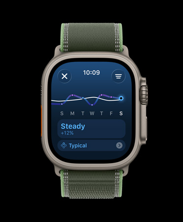 Apple Watch Ultra 3, finition naturelle, boîtier en titane, graphique linéaire et calendrier de charge d’entraînement, bracelet, Boucle Trail, coloris vert/vert fluo