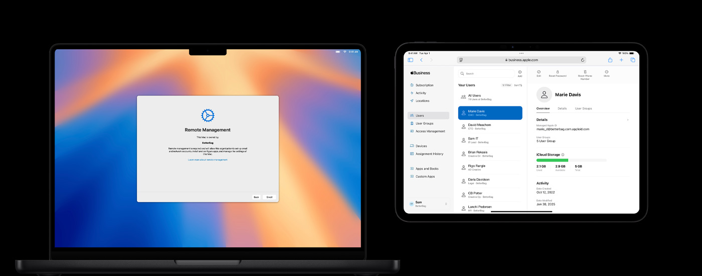 A Mac, an iPhone and an iPad displaying a Resource Management screen.