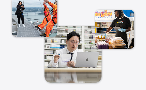 Imágenes de varias pymes, con un farmacéutico en bata de laboratorio interactuando con un MacBook, una instructora de bungee jumping fotografiando con un iPhone a dos personas que están por saltar y un hombre sosteniendo un iPad mientras interactúa con algunos alimentos.