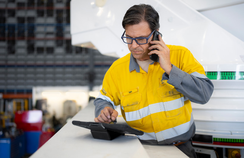 Un employé dans un entrepôt travaille sur un iPad avec un iPhone à l’oreille
