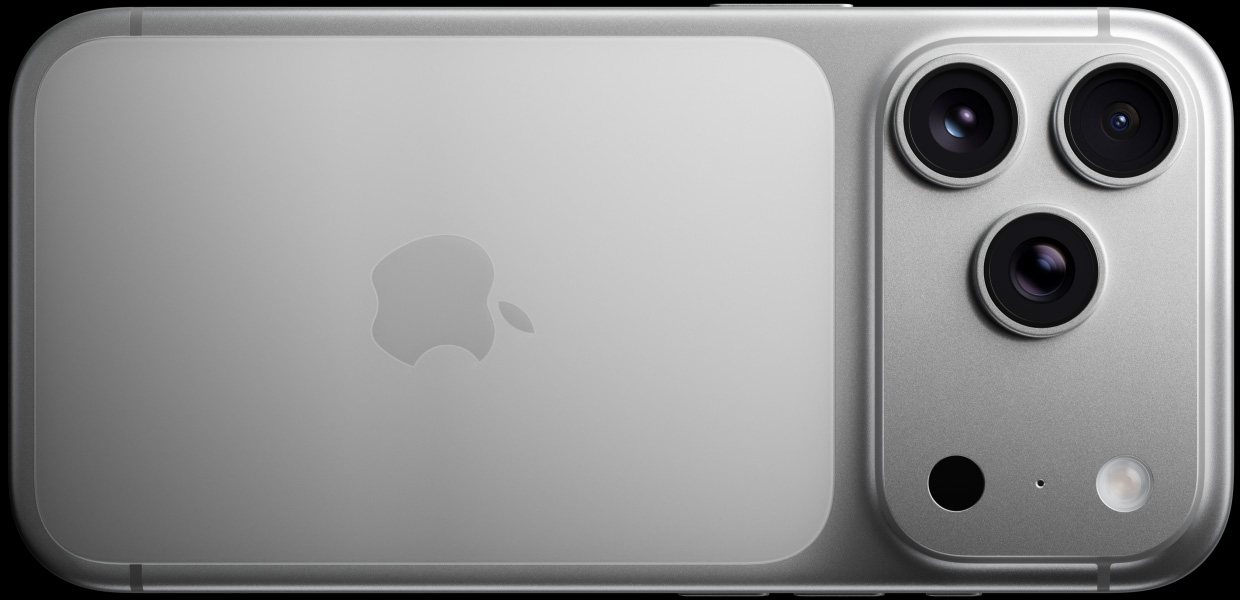 iPhone 17 Pro, silver, back exterior, Pro Fusion camera system, three lenses, microphone, flash