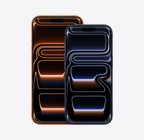iPhone 17 Pro Max, front exterior, Cosmic Orange finish, iPhone 17 Pro, front exterior, Deep Blue finish