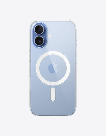 جهاز iPhone 17، الجزء الخارجي الخلفي، حافظة شفافة مع MagSafe، نظام كاميرا Fusion في الزاوية العلوية اليسرى