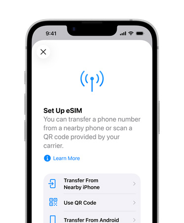 Vooraanzicht van iPhone 17e met de feature Configureer eSIM om eenvoudig een telefoonnummer over te zetten van een telefoon in de buurt of met behulp van een QR-code